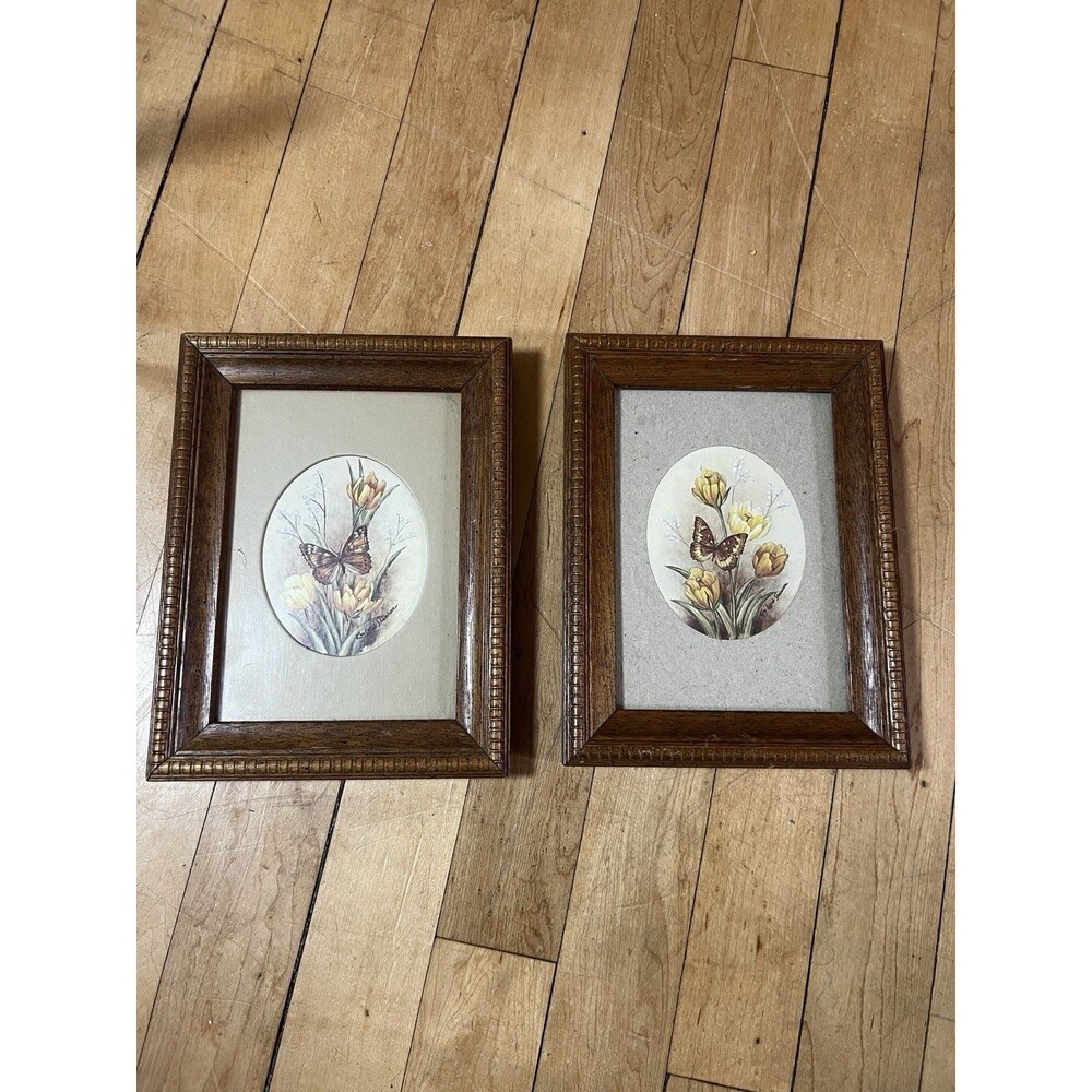 Vintage Set of 2 Butterfly Prints in Wood Frames 70s Boho Cottagecore Whimsy